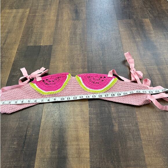 Handmade Crochet Watermelon Bralette Top Pink Tie-Back Size Medium - Picture 5 of 8